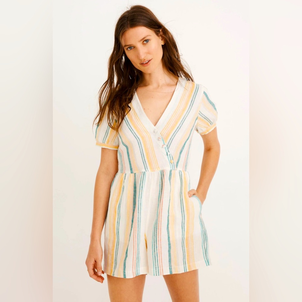 Madewell Linen Button Wrap Romper in Striped Pale Parchment Carnival White Ivory